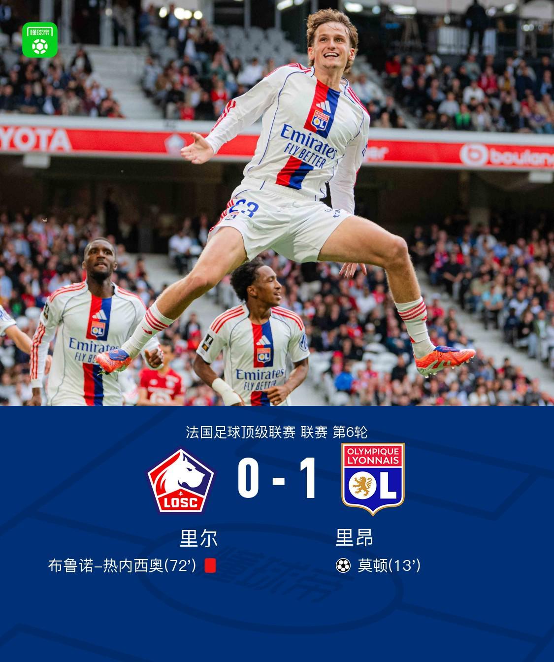 里爾0-1里昂，塔利亞菲科助攻莫頓破門，費利克斯-科雷亞失空門